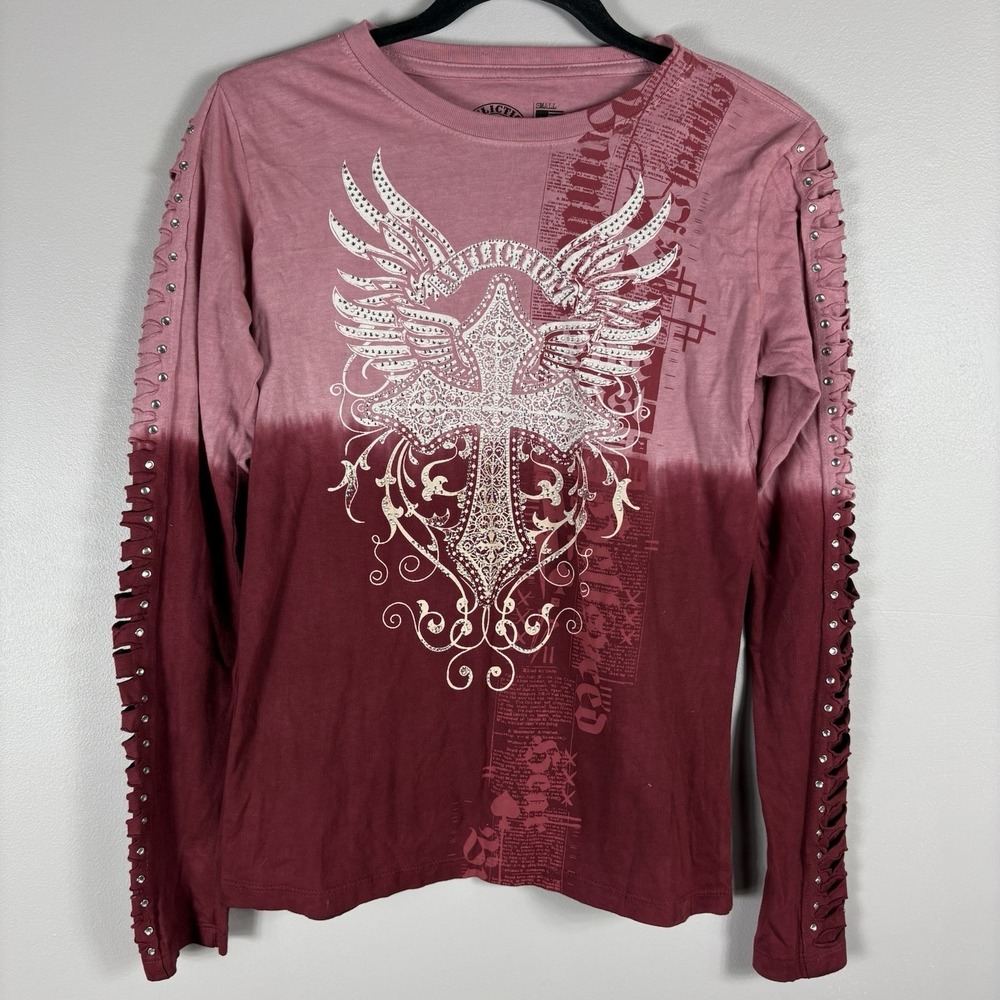 Affliction Women's Small Pink Maroon Live Fast Gothic Wing Cross Long Sleeve Top